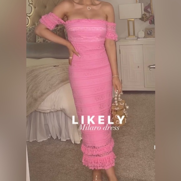 Likely Dresses & Skirts - LIKELY Women’s Milaro Dress - gorgeous lace off the shoulder midi dress in pink